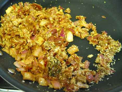 Bhuna (frying the onion and spices) to start the cowpea avial