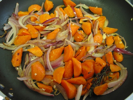 pan-browning microwaved onions and carrots