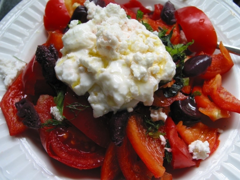 Tomato and pepper salad with feta, herbs, and yogurt